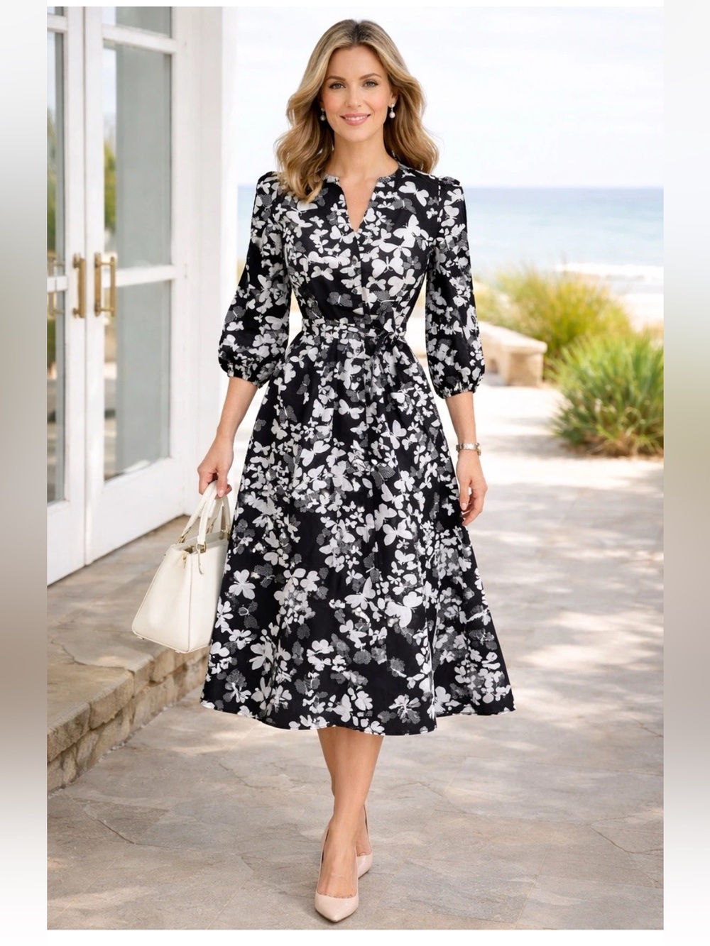 Talbots Dotted Butterfly Poplin Shirt dress Split Neck Pocket belt 4 petite new